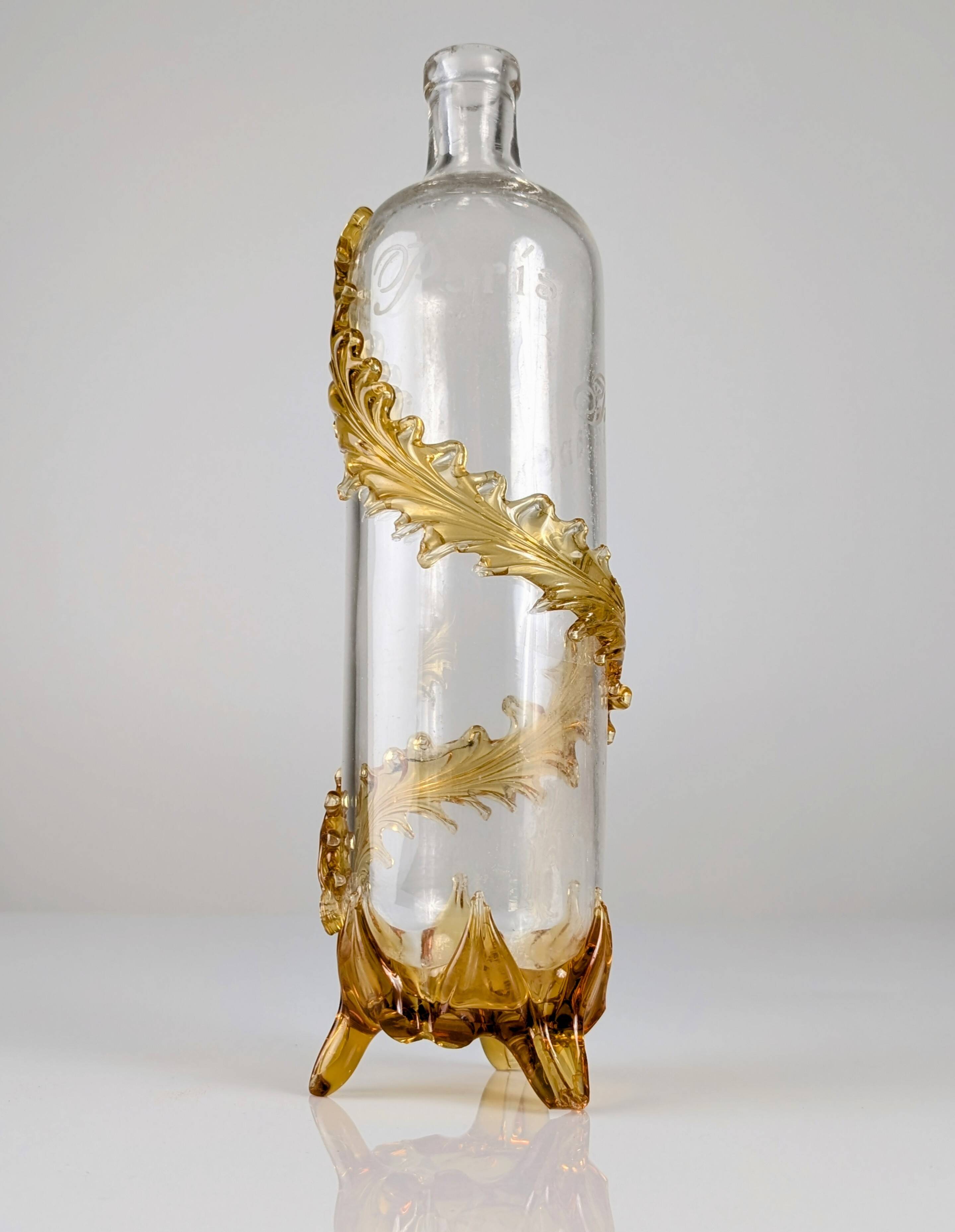 French Art Nouveau Uranium Glass Bottle with Applied Amber Leaves, c. 1900