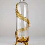 French Art Nouveau Uranium Glass Bottle with Applied Amber Leaves, c. 1900