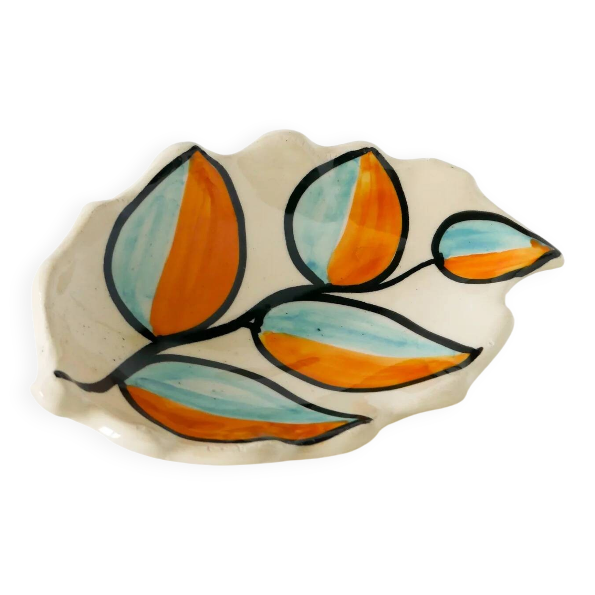 Ceramic catchall, leaf shape, orange and blue, psychedelic, 1970.