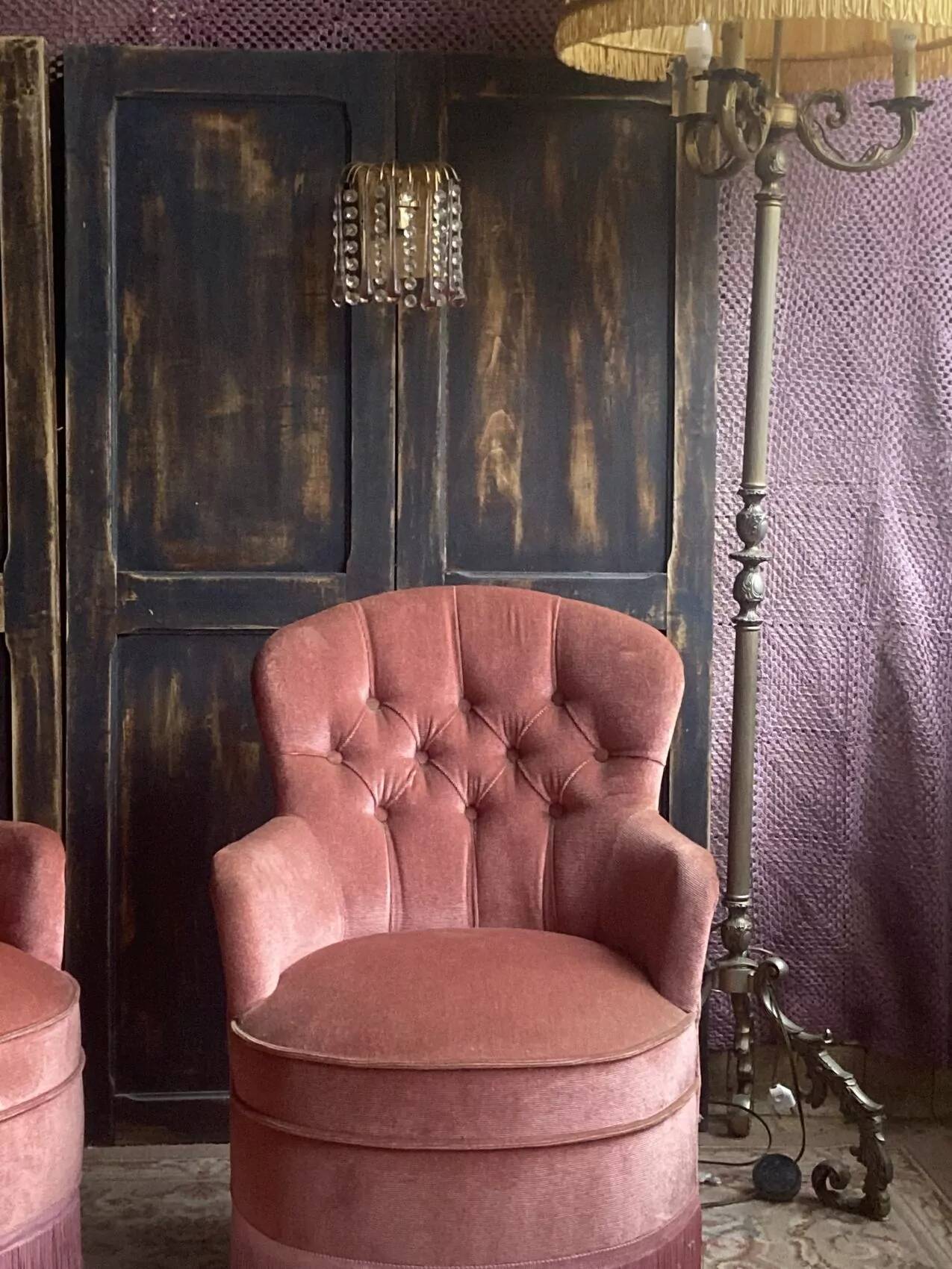 Pair of small vintage upholstered toadstool armchairs in old rose velvet – 1960s