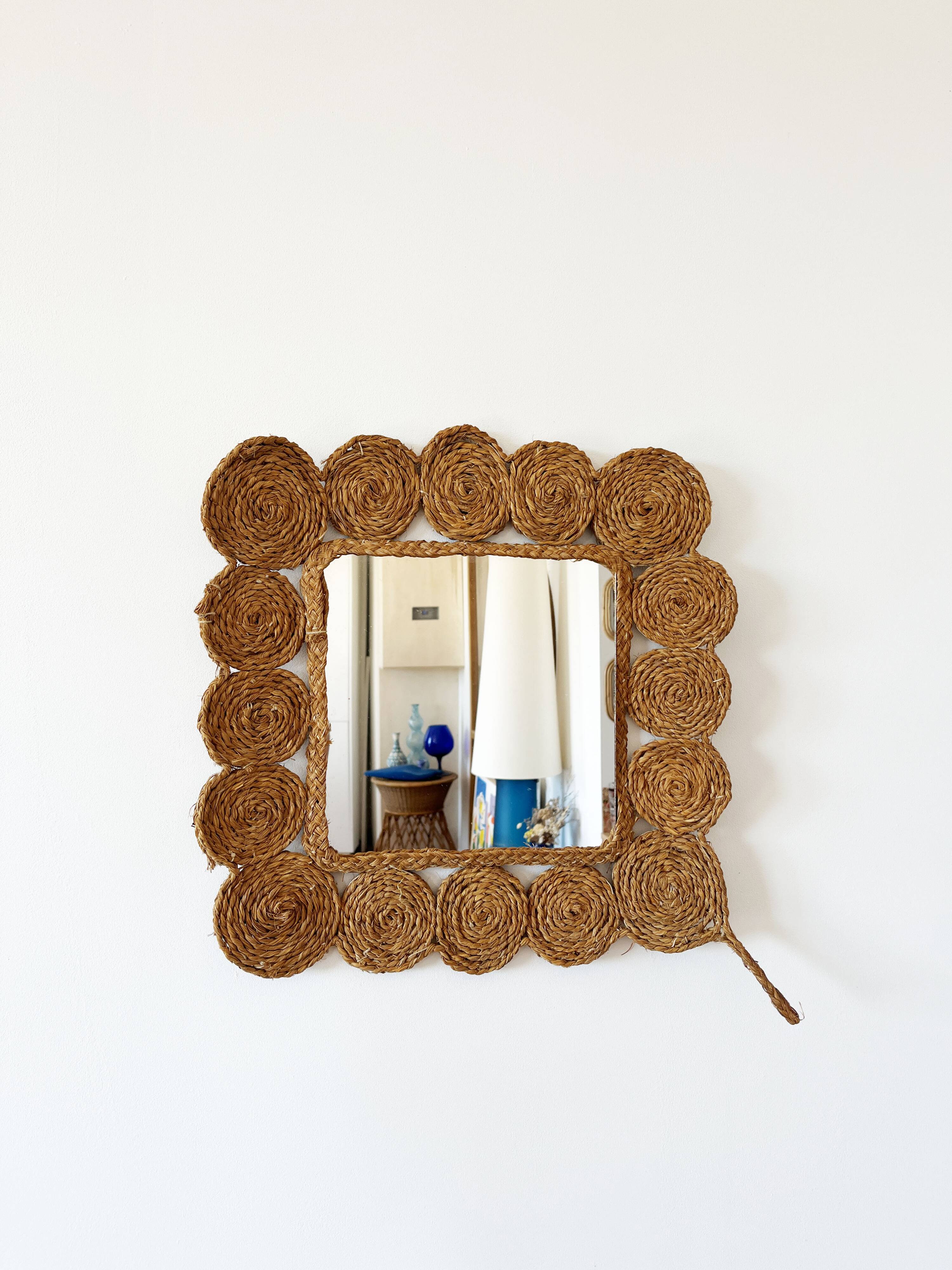 Vintage 1960s braided raffia mirror