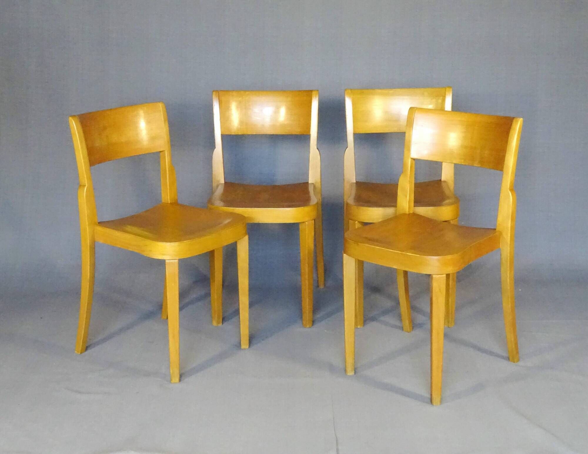 4 bistro chairs, around 1960, by Horgen Glarus - Switzerland - golden oak finish.