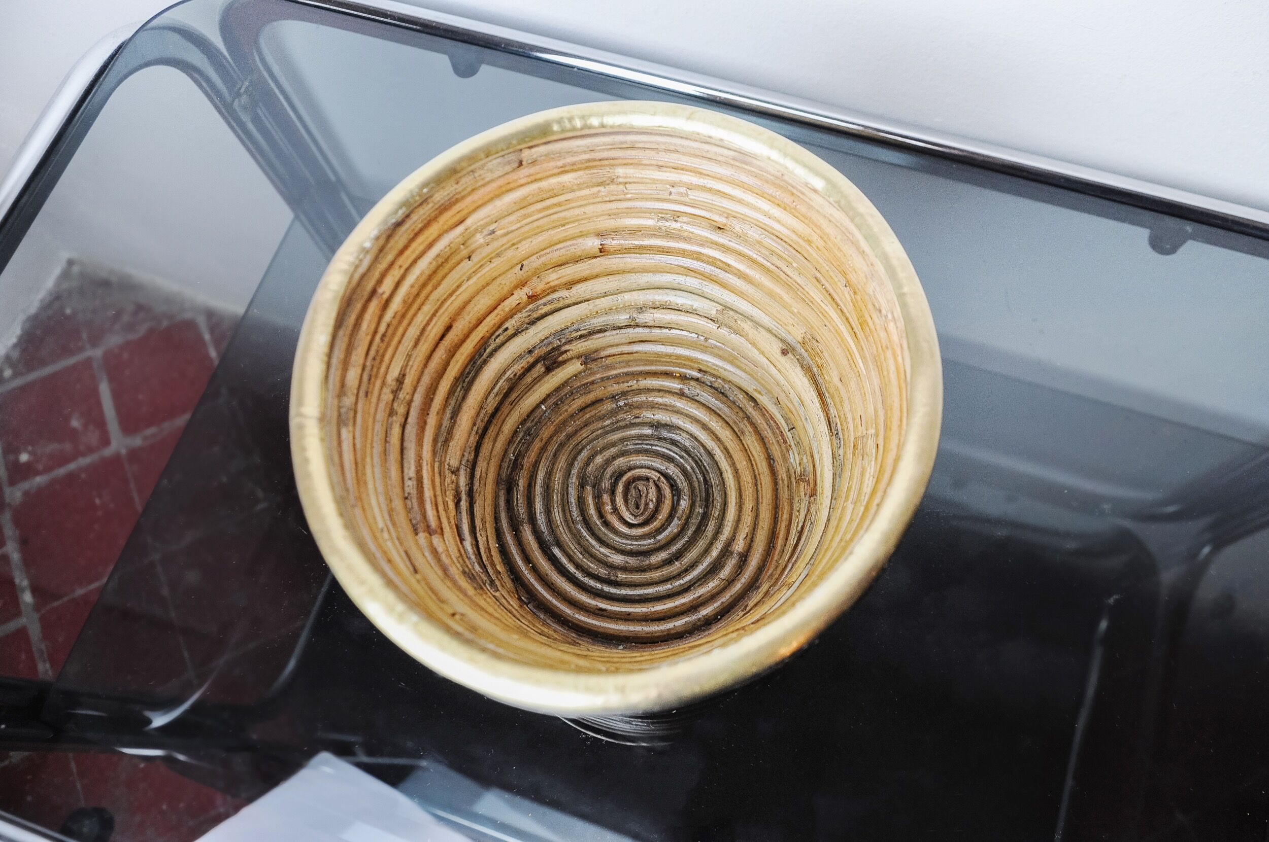 Rattan and brass basket, Italy, 1970