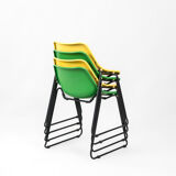 Set of 4 stackable iron chairs in green and yellow, 1970's