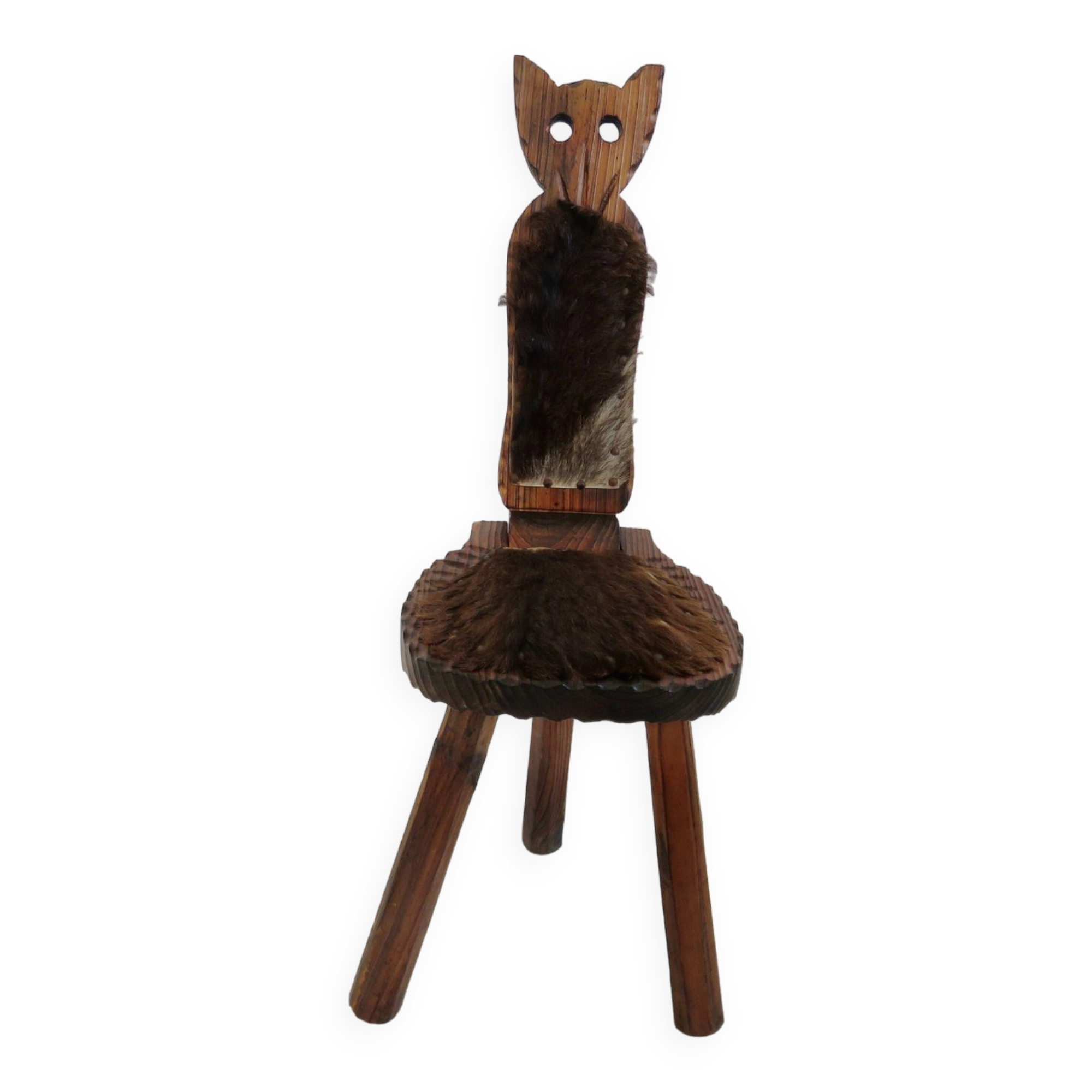 Brutalist cowhide tripod stool in solid wood