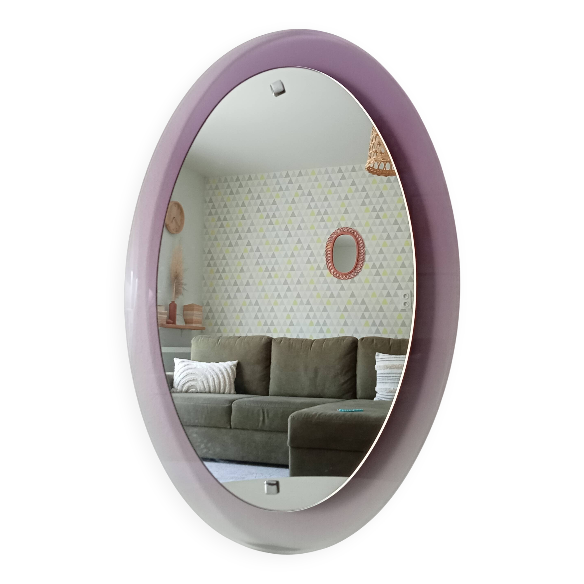 Vintage oval plexiglass mirror from the 70s by Harvey Guzzini