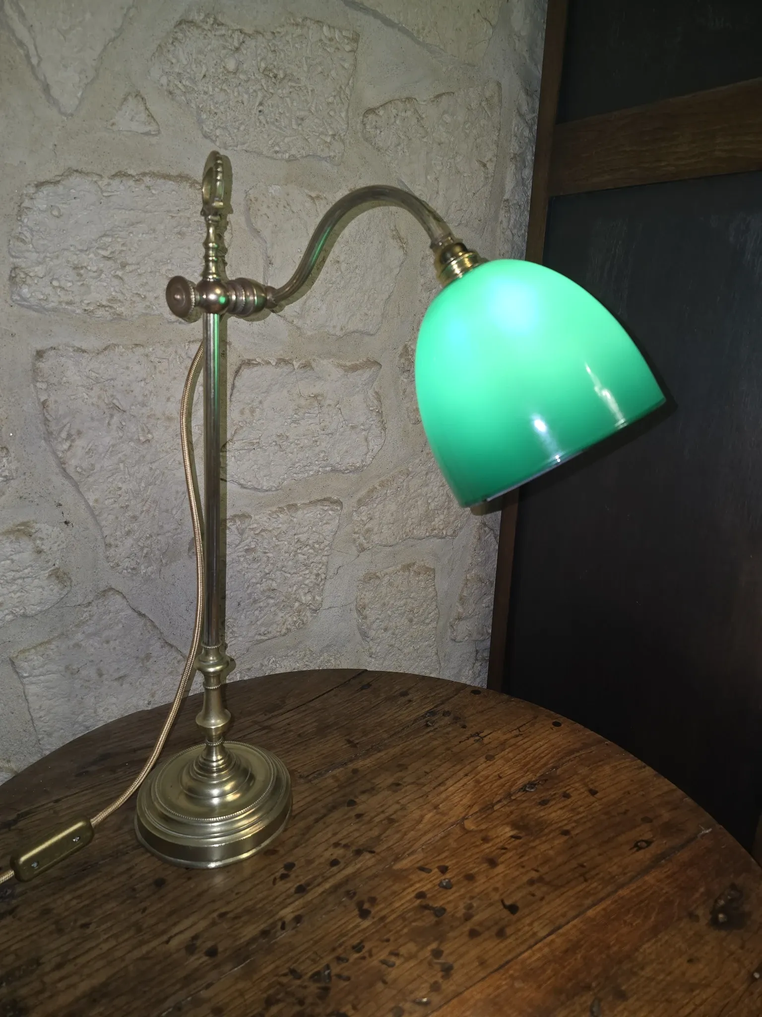 antique brass desk lamp – green shade – adjustable arm