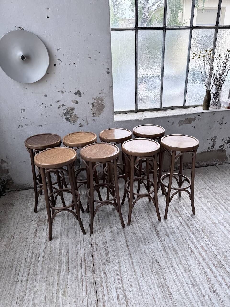 Set of 8 Baumann bistro bar stools.