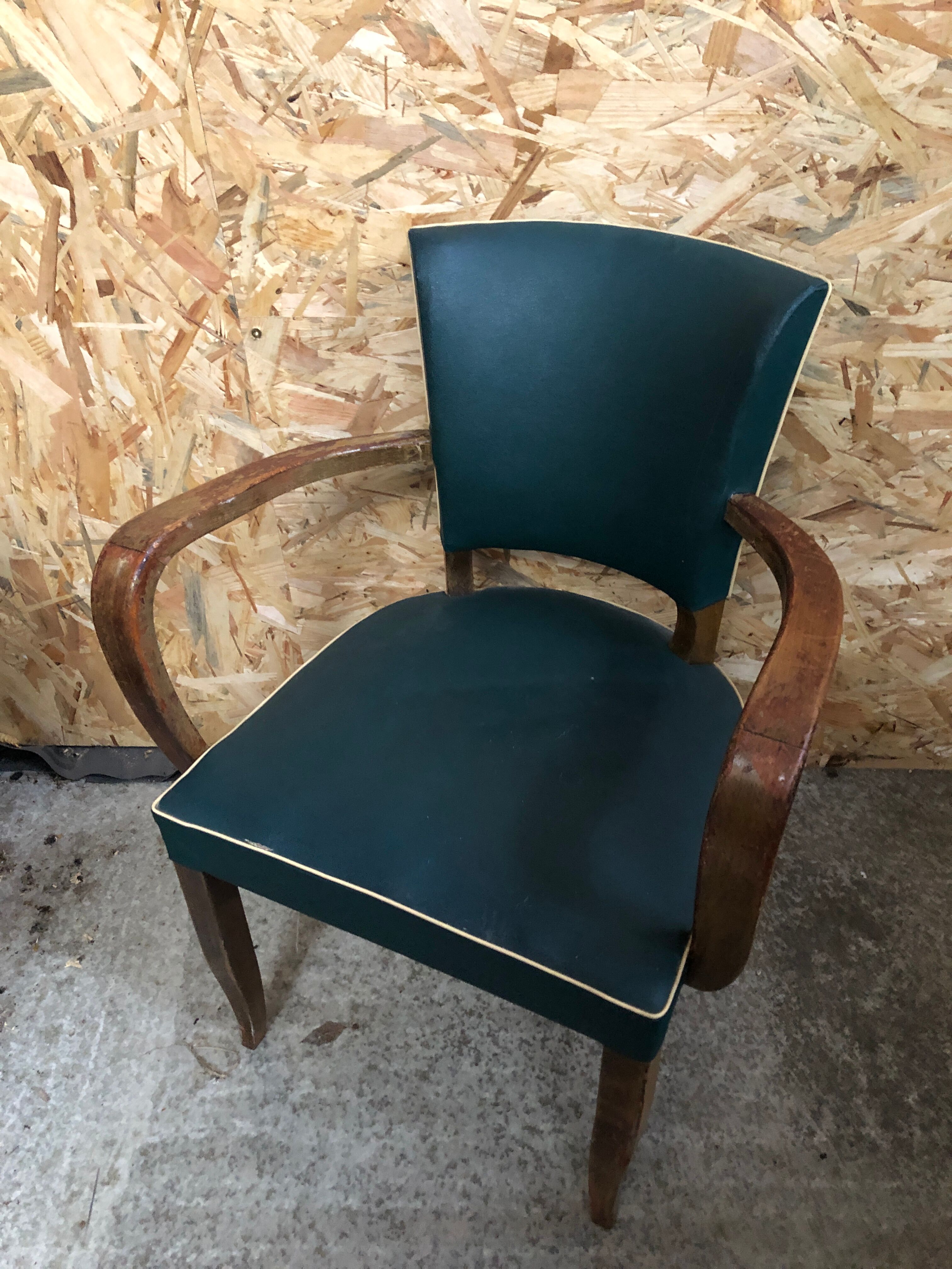 Old wooden bridge armchair + seat & back skaï vintage green