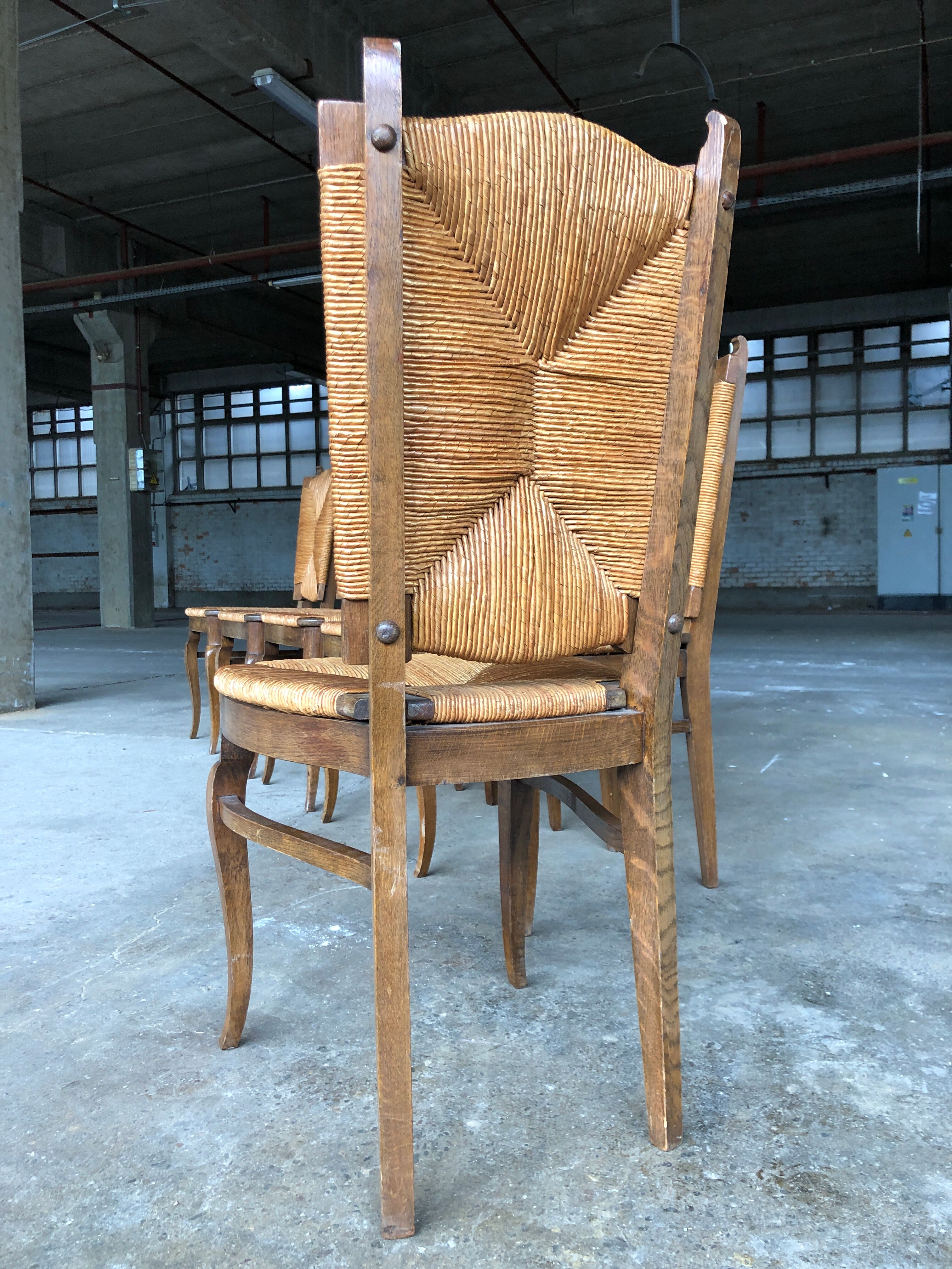 Dining chairs with rush made of oak wood, France 1950s, Set of 6