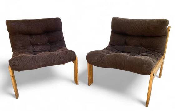 Pair of Neapel cotton and wood fireside chairs, circa 1960