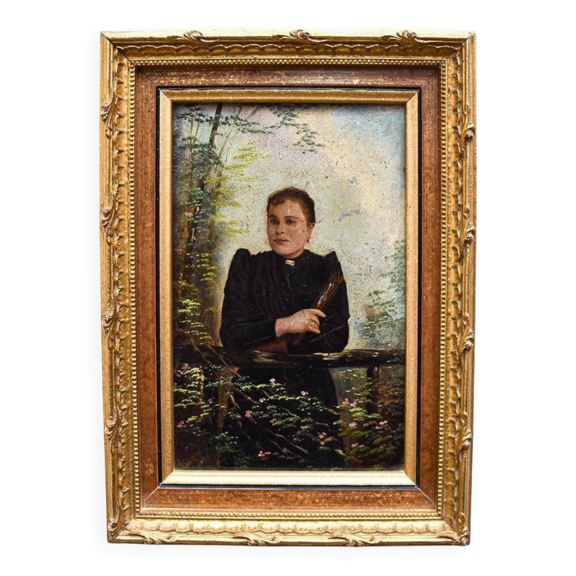 Oil painting portrait of a woman in the 19th century, old gilded frame