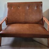 Scandinavian sofa 2 places 60s in wood and imitation leather
