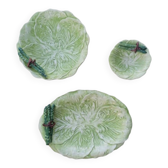 Set of 3 vintage asparagus and cabbage leaves slip dishes made in Italy