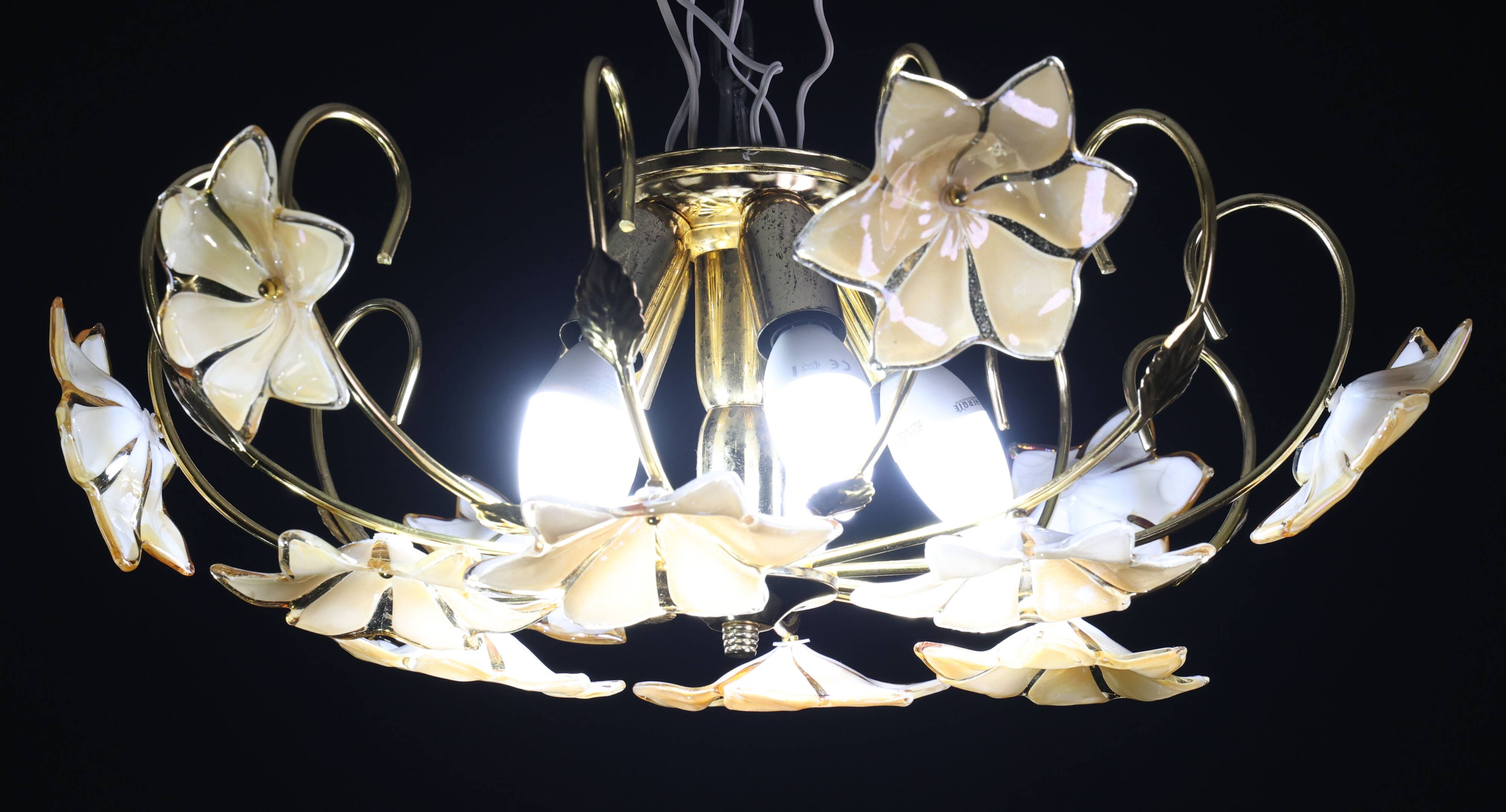 Murano Vintage Ceiling Light Orange Iridescent Flowers, 1970s