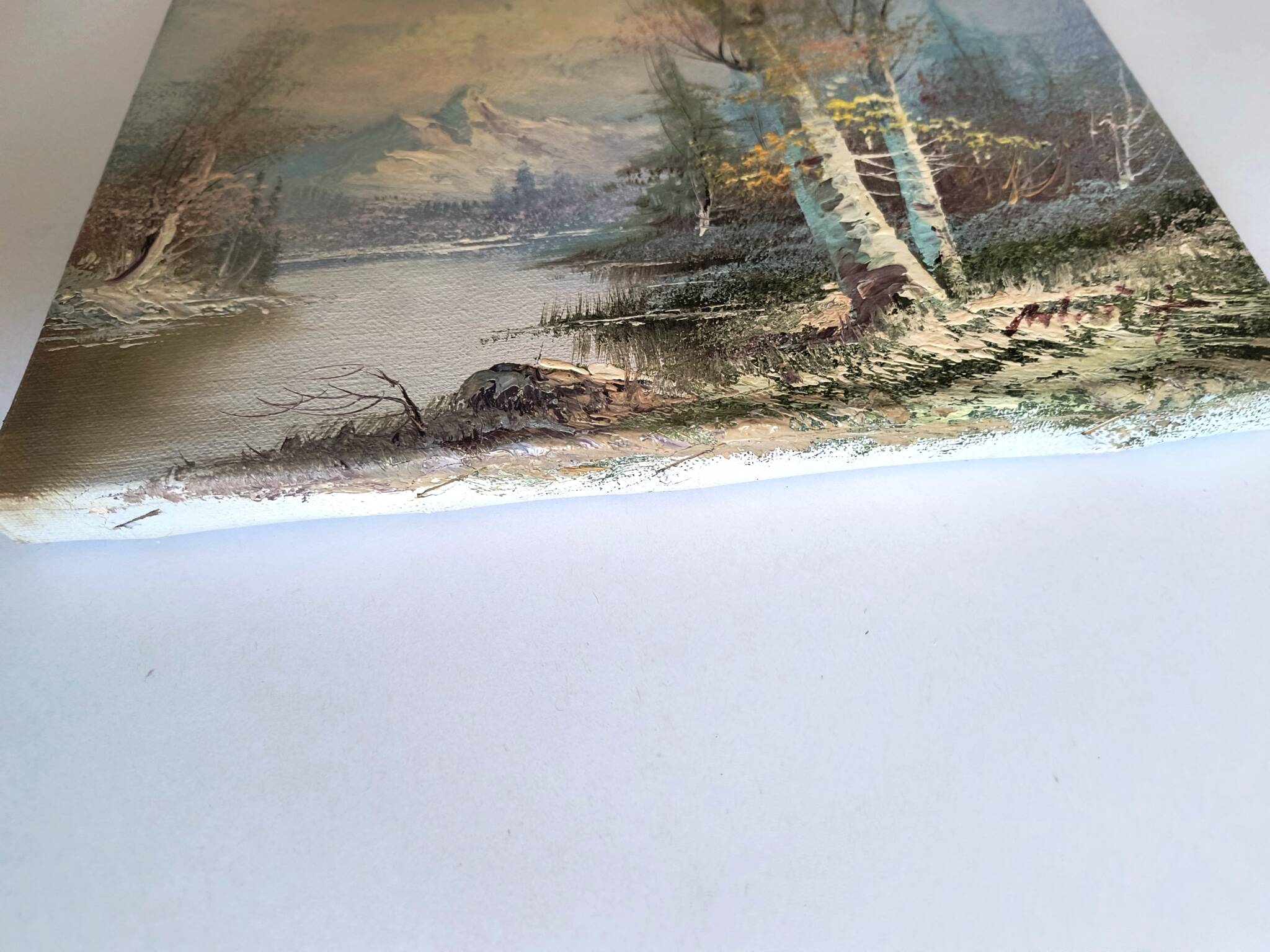 Vintage oil painting – Forest by the lake under a pastel sky