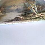 Vintage oil painting – Forest by the lake under a pastel sky