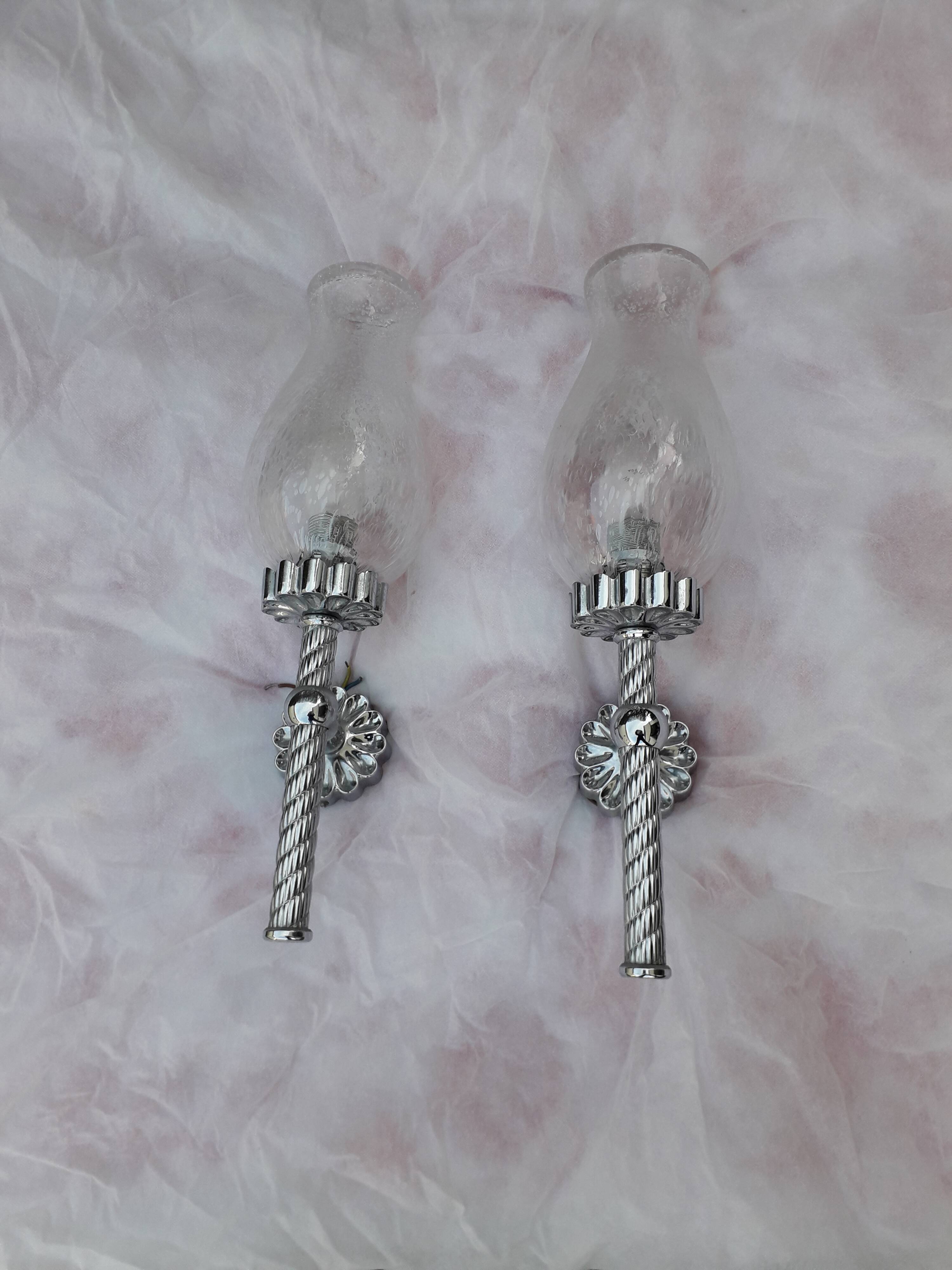 Pair of chrome and bubbled glass wall lights