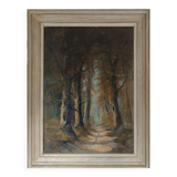 huile sur toile ancadrée XXème Chemin en sous bois