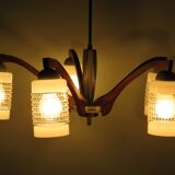 Chandelier, teak and engraved glass, 1950 Italy