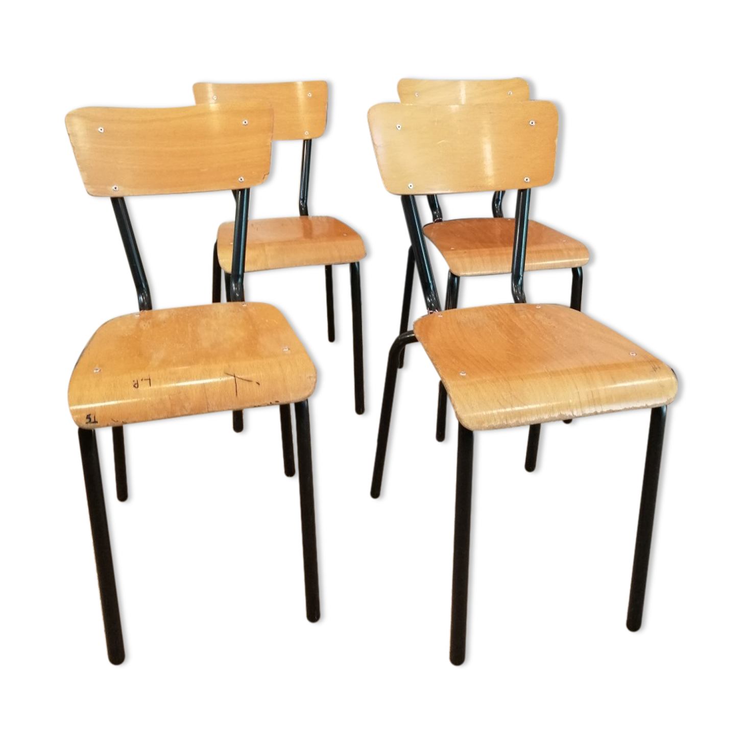 Series of 4 wooden and metal school chairs