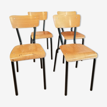 Series of 4 wooden and metal school chairs