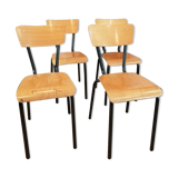 Series of 4 wooden and metal school chairs