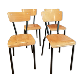 Series of 4 wooden and metal school chairs
