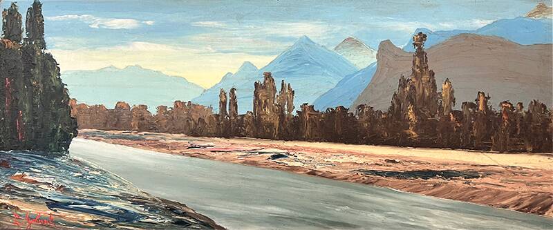 Painting “River in the Alps”, Oil on cardboard.