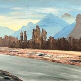 Tableau, huile sur carton « Rivière dans les Alpes »
