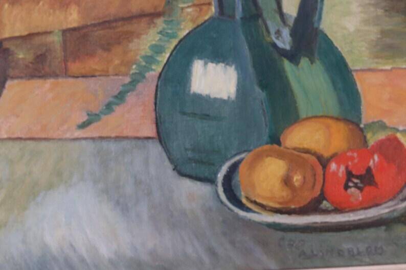 Huile sur toile suédoise « Nature morte avec Amaryllis et fruits » par A. Lindblom