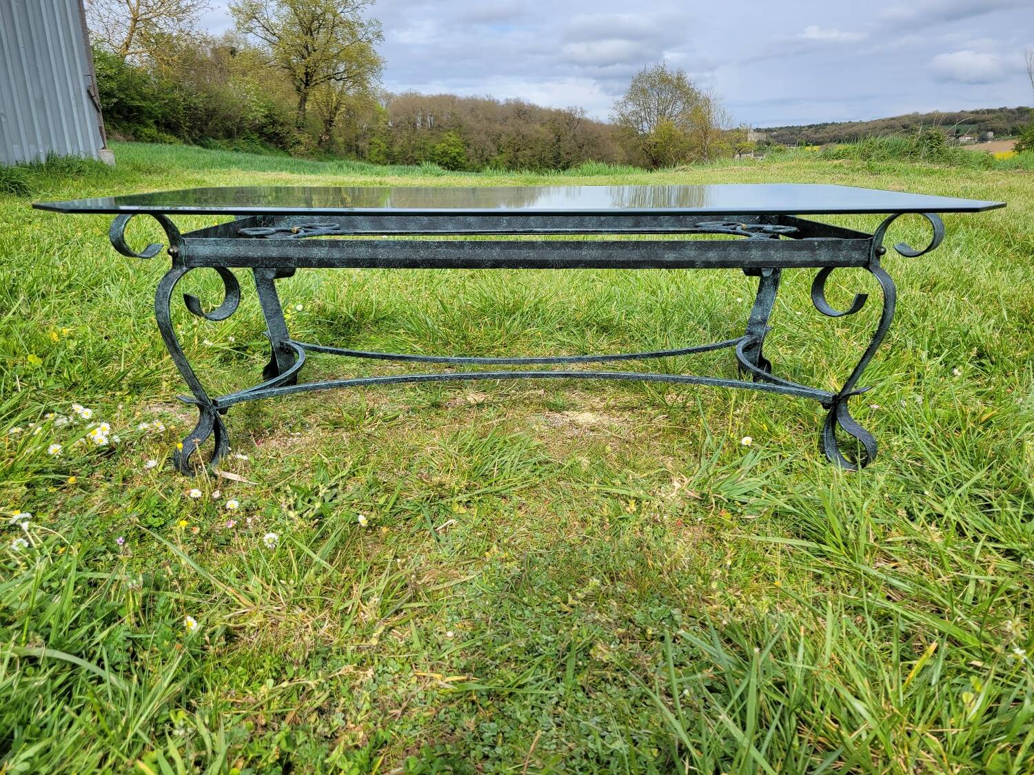 Italian glass and wrought iron coffee table