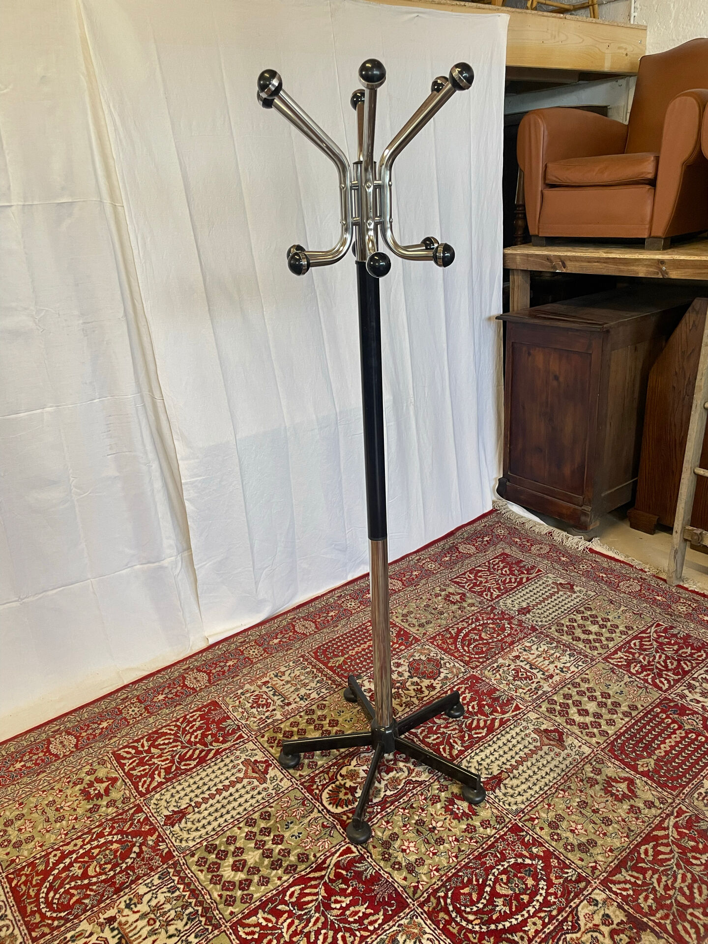 Vintage chrome and black metal parrot coat rack