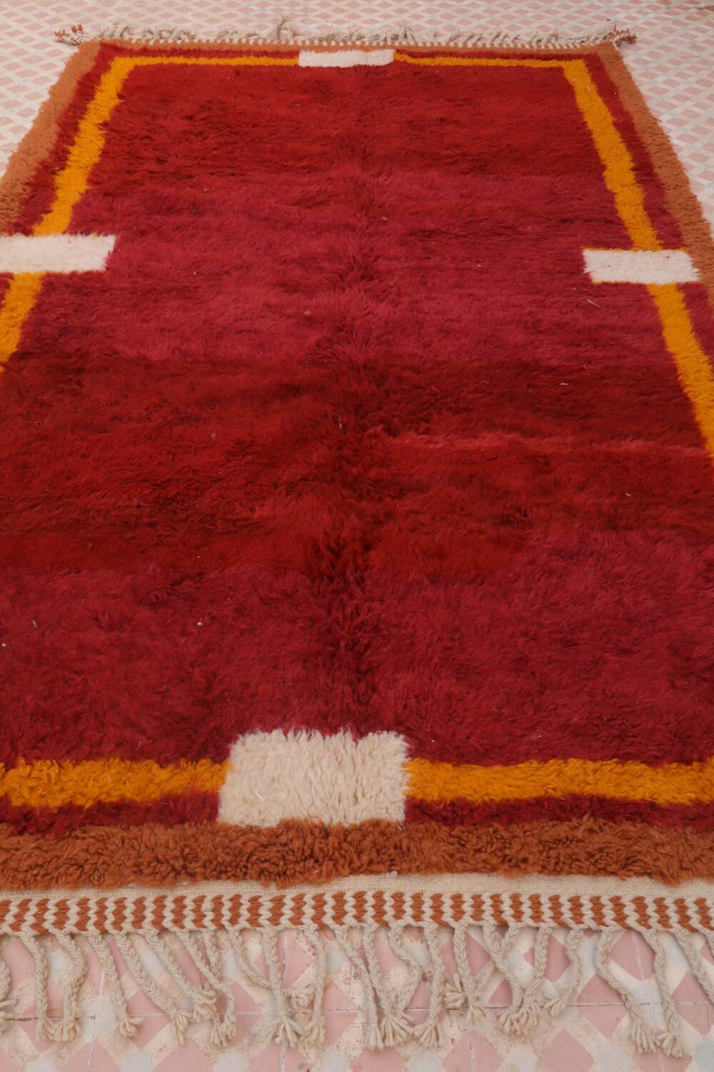 Minimalist burgundy cherry red shaggy berber rug