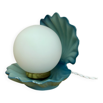 Vintage lamp in the shape of a shell in blue and opaline ceramic.