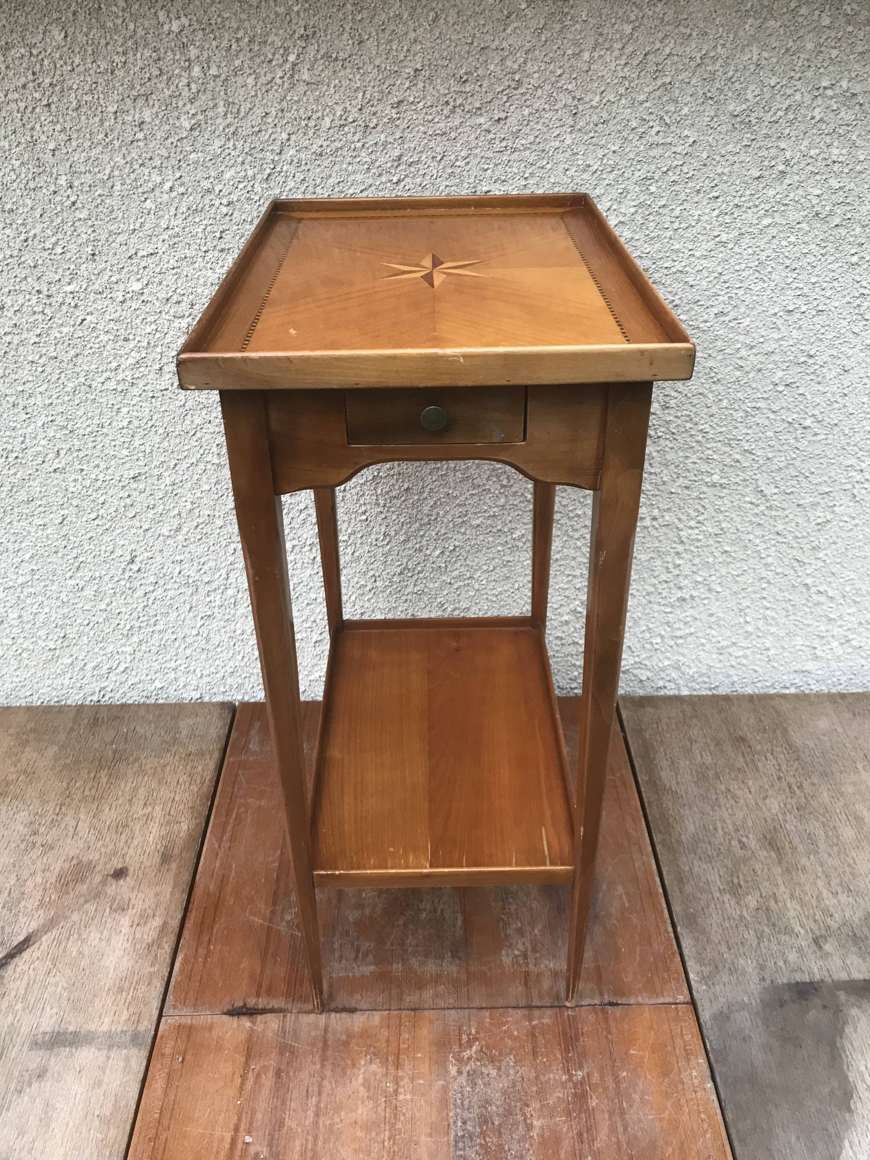 Old Table Appoint Wood Plateau Marqueté Star Feet Compass - Vintage Drawer
