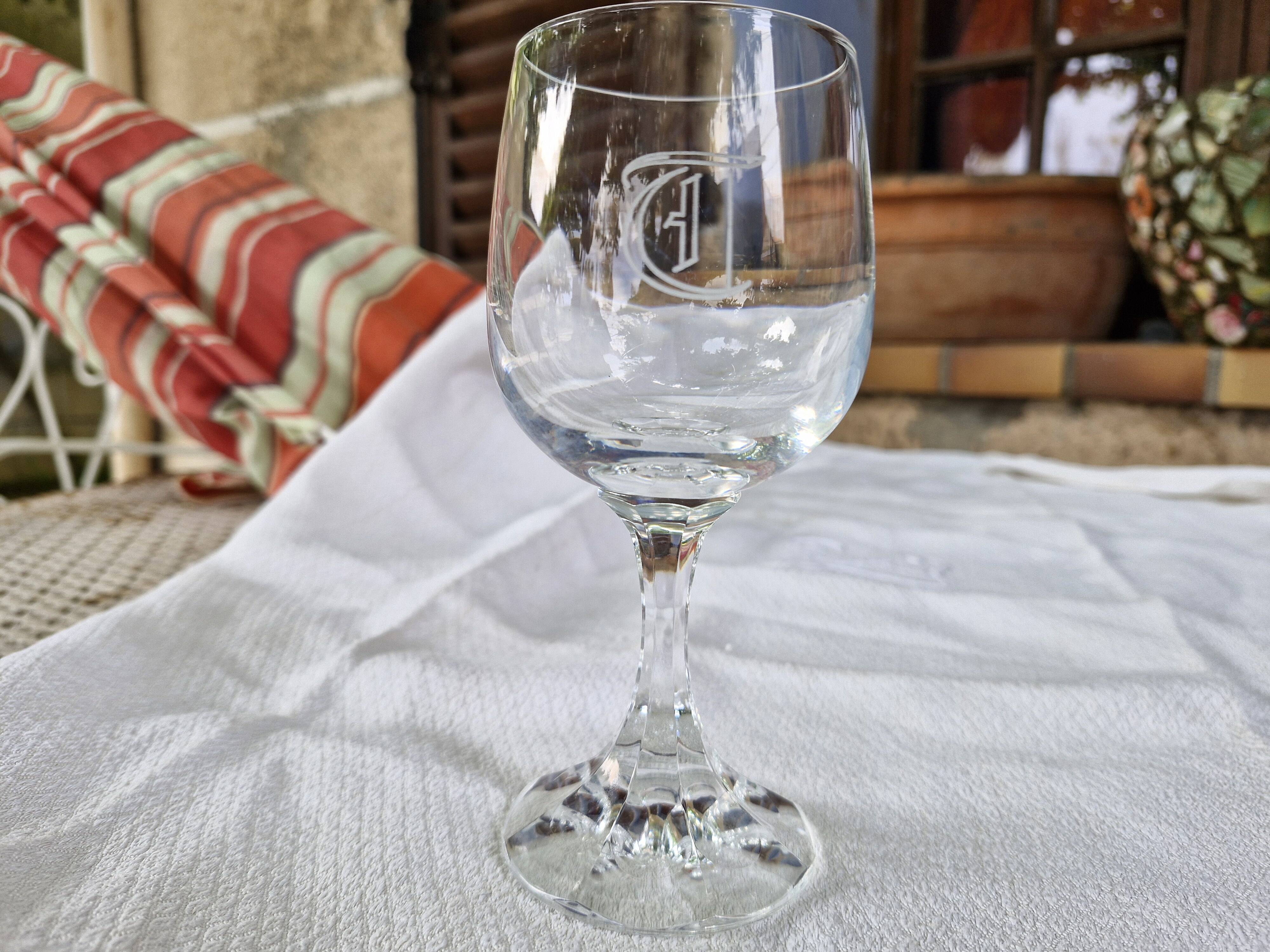 Vintage 10 Large Crystal Glasses - Engraved Logo - Cut Stem - Very Heavy