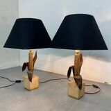 Vintage Bronze, Brass and Travertin Table Lamps in the manner of Maison Charles, 1970s, Set of 2