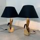 Vintage Bronze, Brass and Travertin Table Lamps in the manner of Maison Charles, 1970s, Set of 2