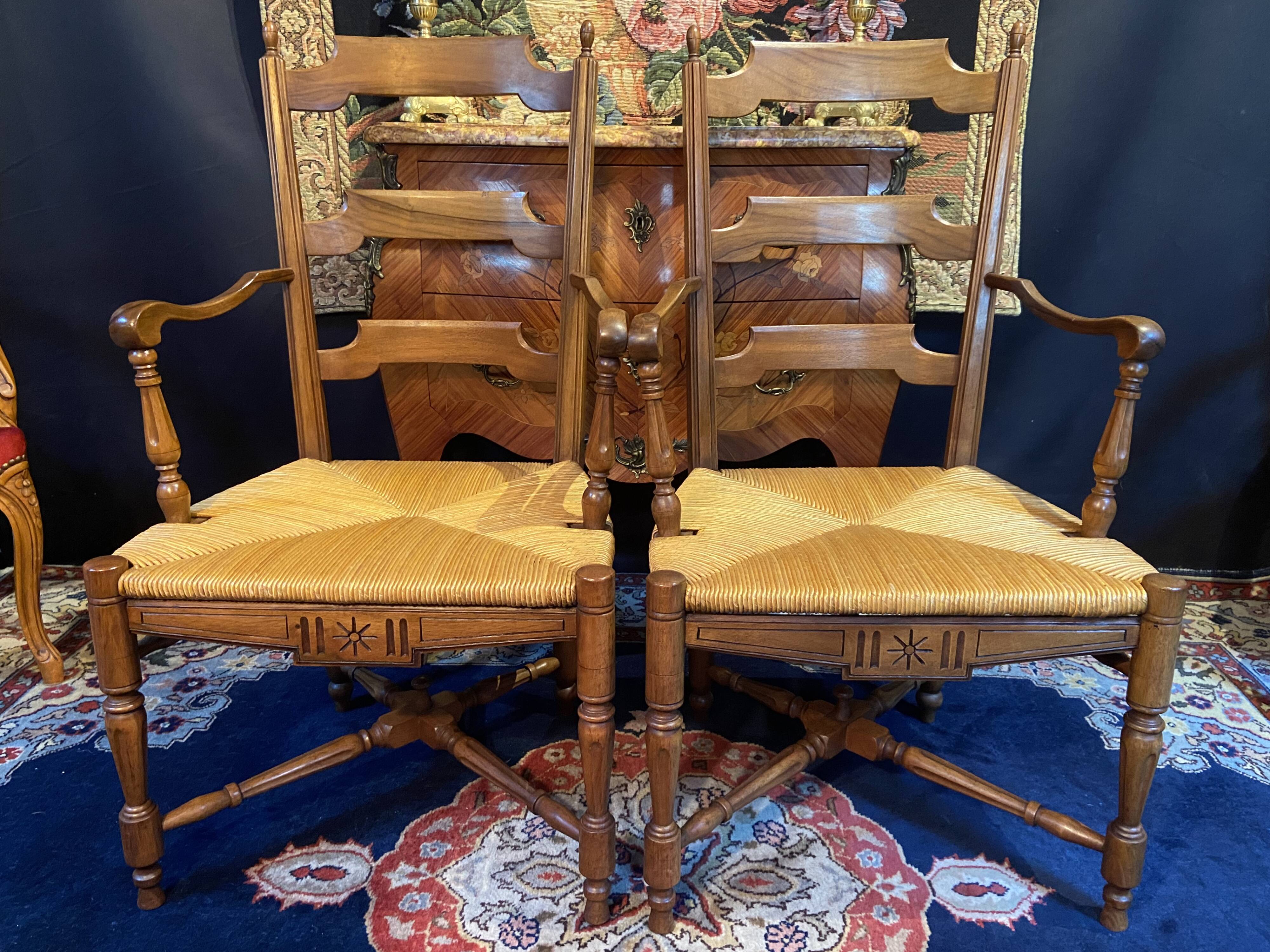 Pair of solid walnut armchairs in Provençal style