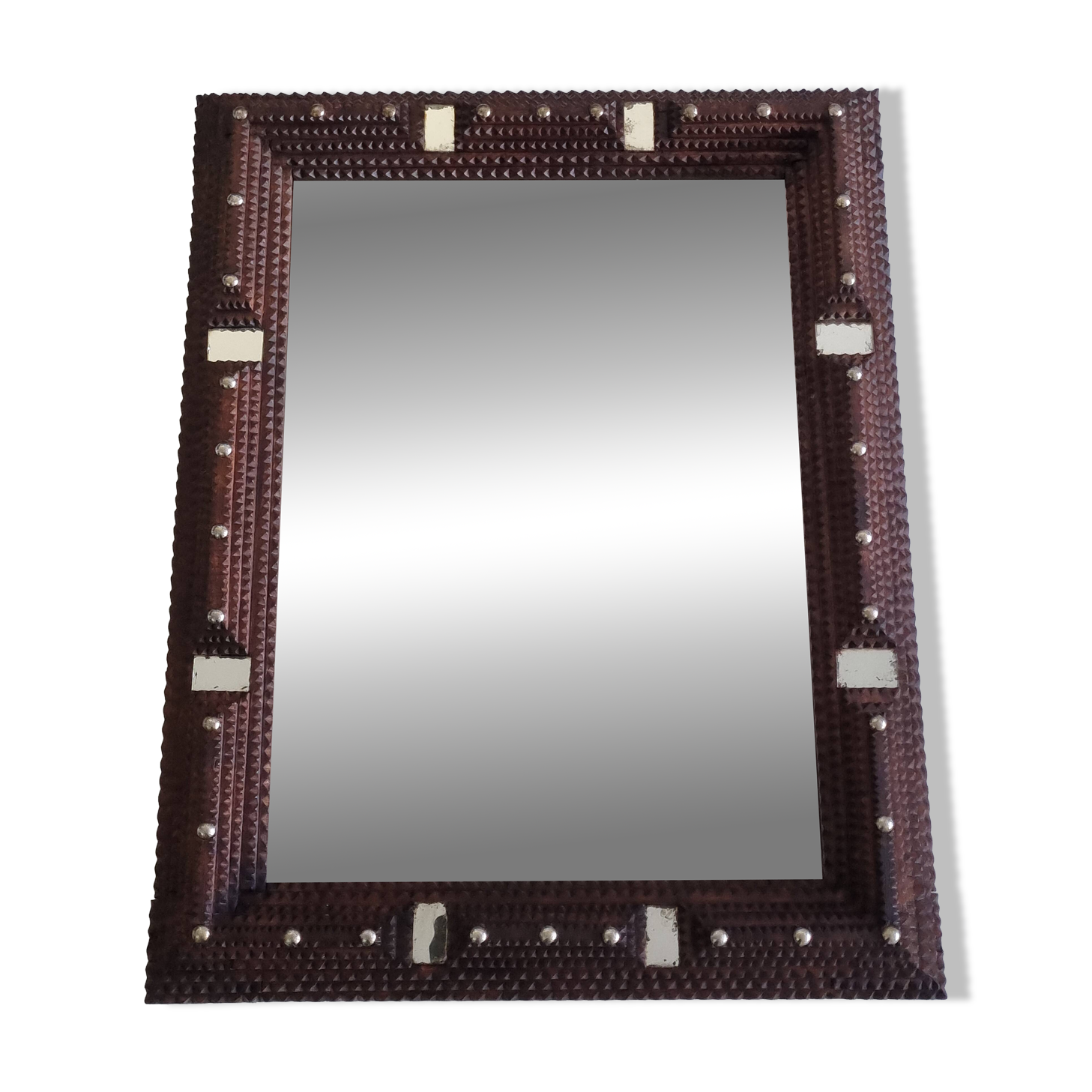 19th century Tramp Art mirror in hand-carved wood, original glass 69 x 50 cm