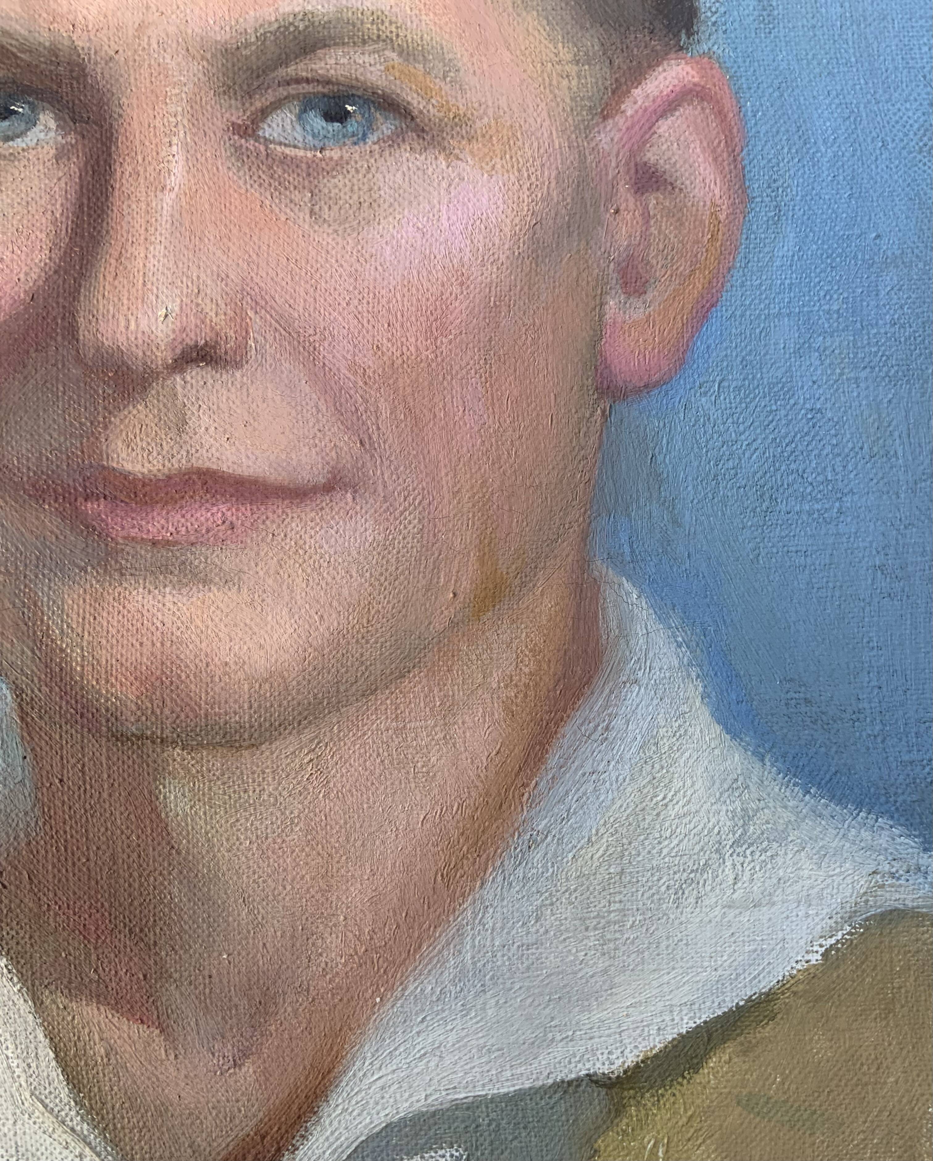 Vintage Oil On Canvas Men Portrait Signed, Small, 1950s