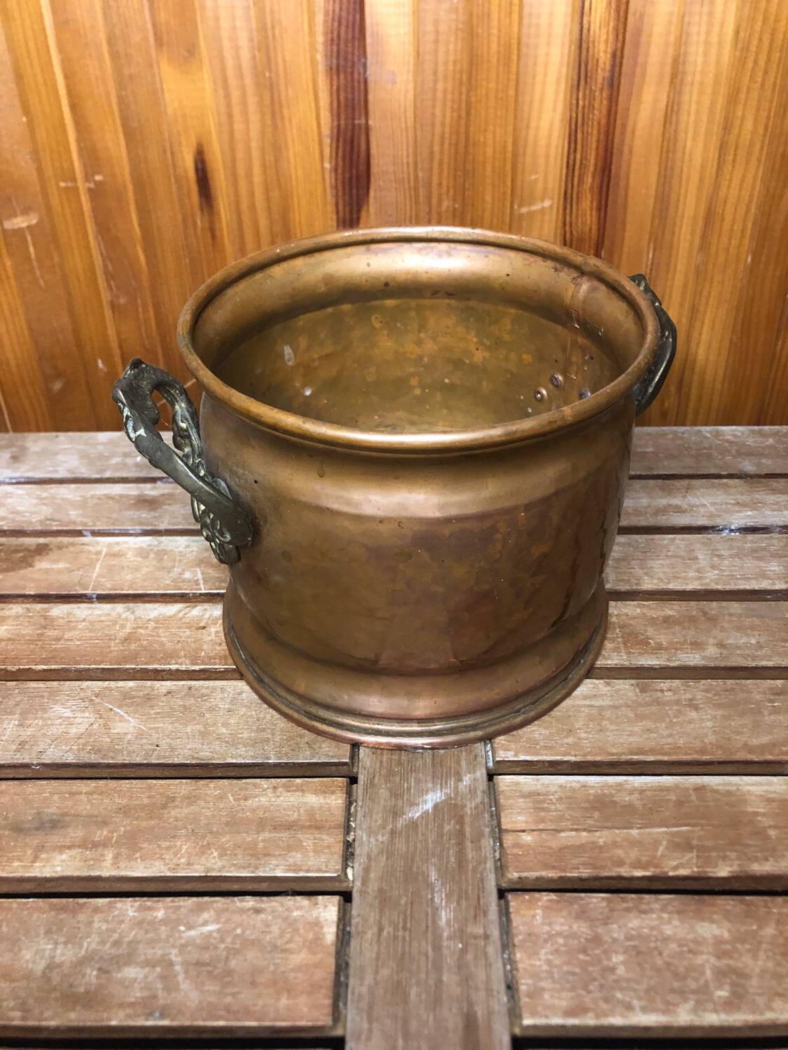 Old copper pot + vintage brass handles #a531