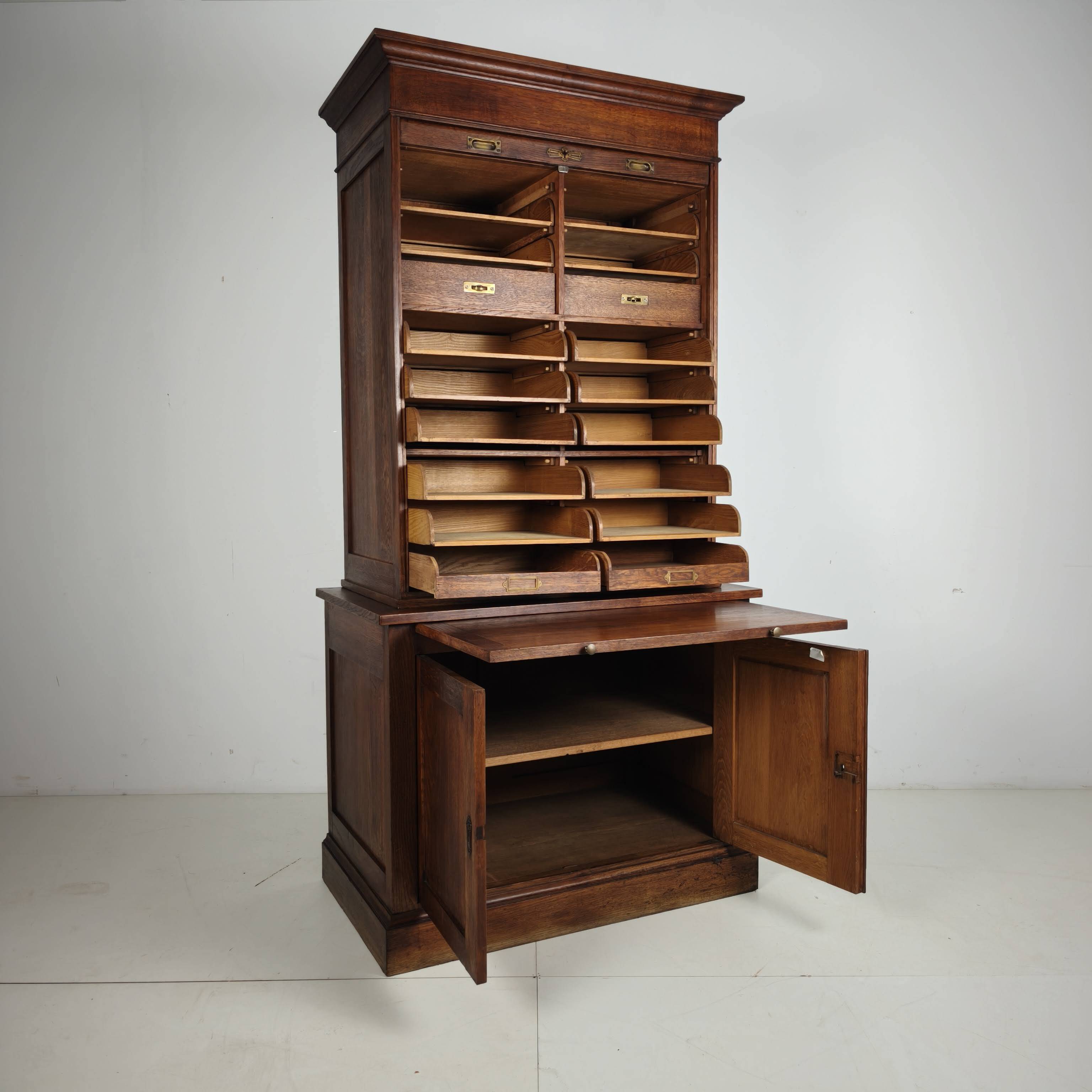 1930s Dutch Oak Roll-Top Notary Cabinet / Archive Cabinet