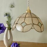 Vintage pendant lampshade in white and blue mother-of-pearl and brass