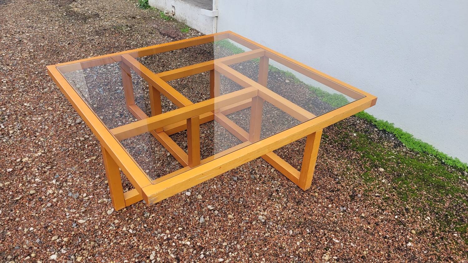 Modernist vintage square coffee table, in wood and old glass