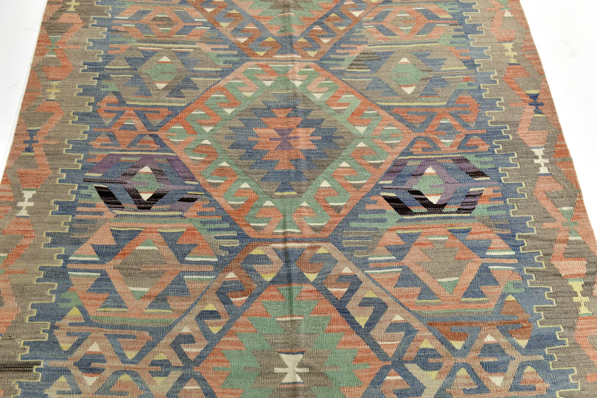 5x11 Green & Blue Tribal Turkish Vintage Kilim Rug 170x333Cm SK 35197