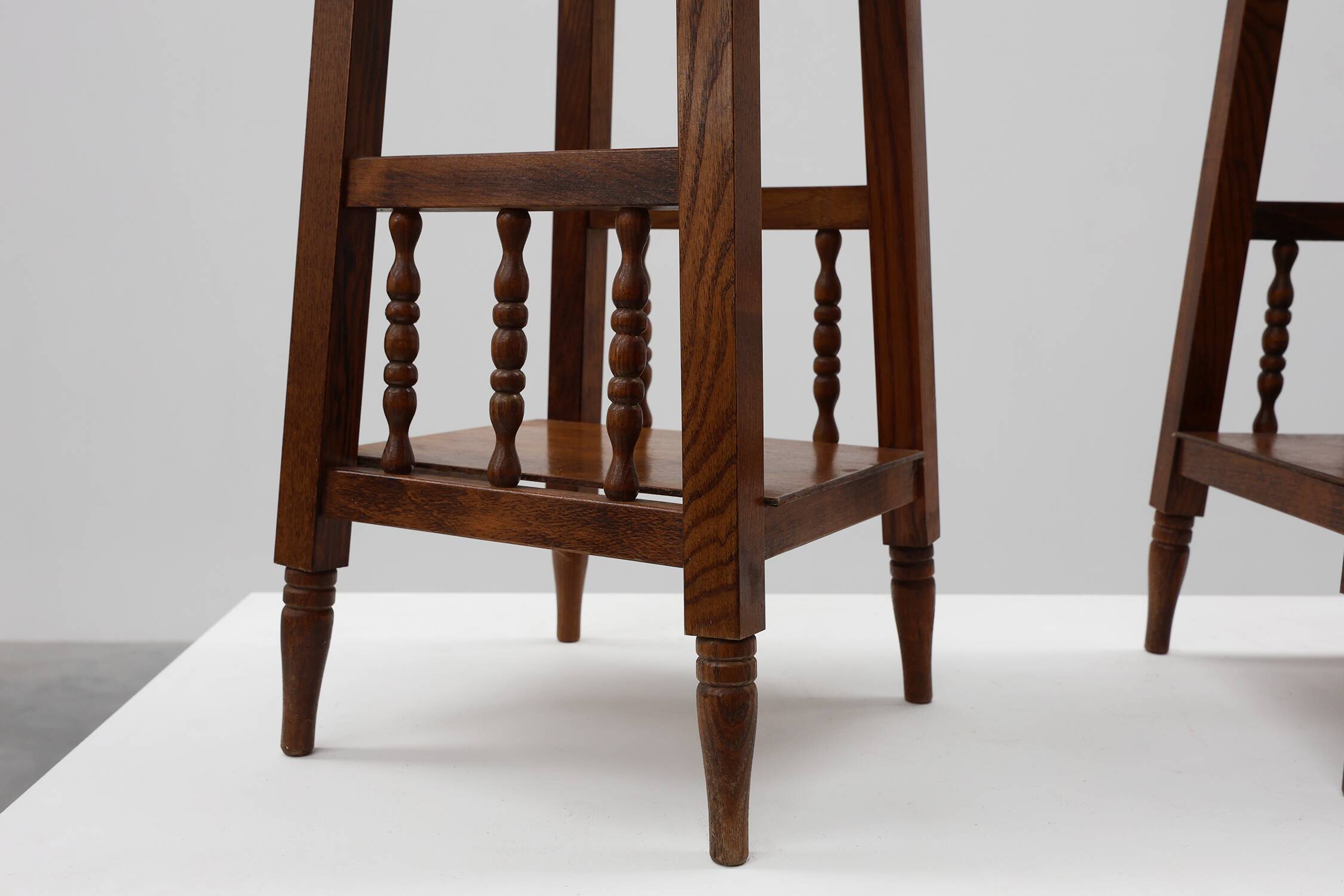 Pair of 20th century rustic wooden side tables with ceramic tile top