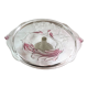 Large pie dish cakes on pedestal decorated with peacocks