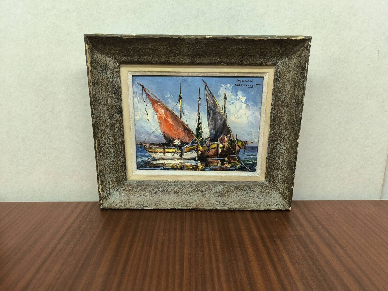 Huile sur toile marine Marcel Abougit Barques de pêcheurs Côte d'Azur